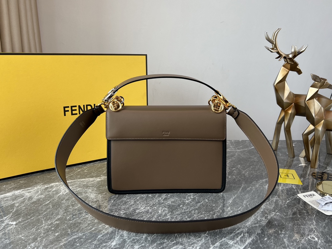 Fendi Medium Kan I F Shoulder Bag Leather with Zucca Embossed Detail Brown/Black